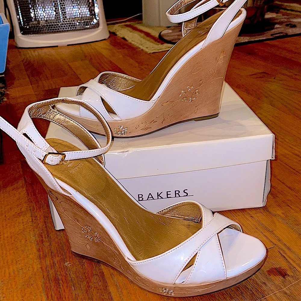 White Bakers wedges with intricate detailed heels
